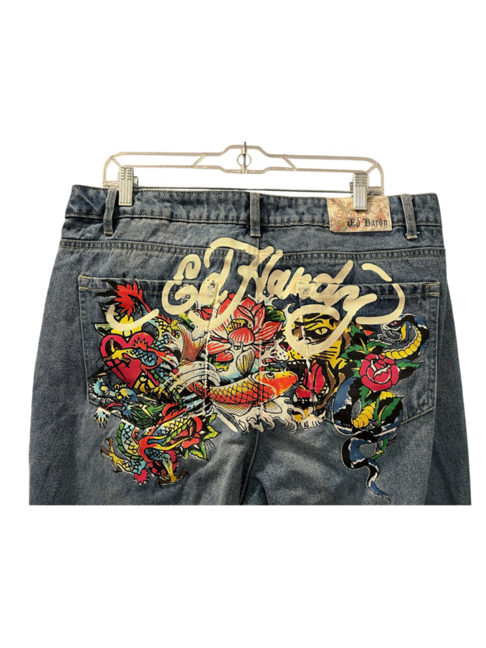 Ed Hardy Multi Tattoo Relaxed Baggy Jeans Graphic Print Y2K Size 34 Womens Denim